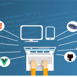 computer clip art surrounded by logo icons for frameworks and languages